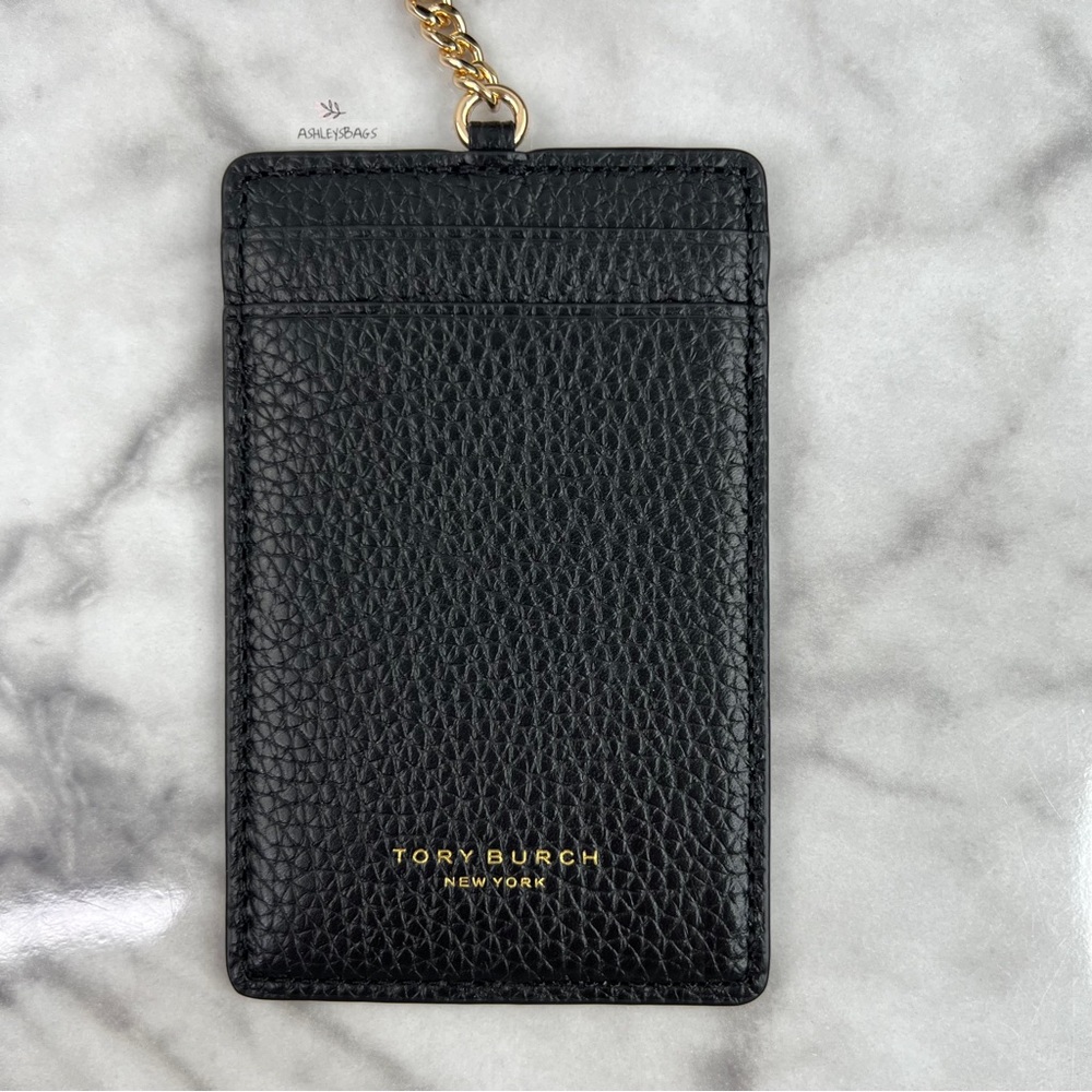 Tory Burch Black Pebbled Leather Zip Wallet with Card Holder and Gold Chain - Picture 9 of 12